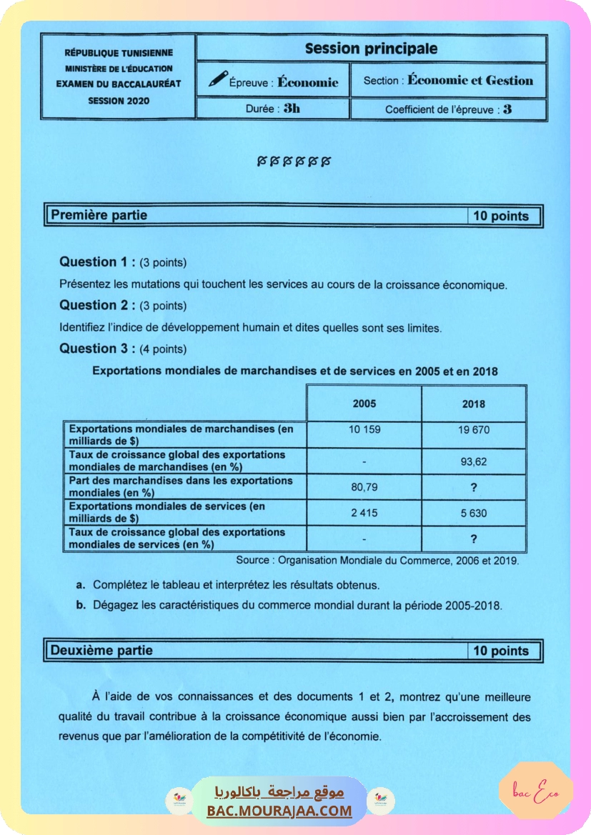 Sujet principale eco Bac 2020 – Section eco